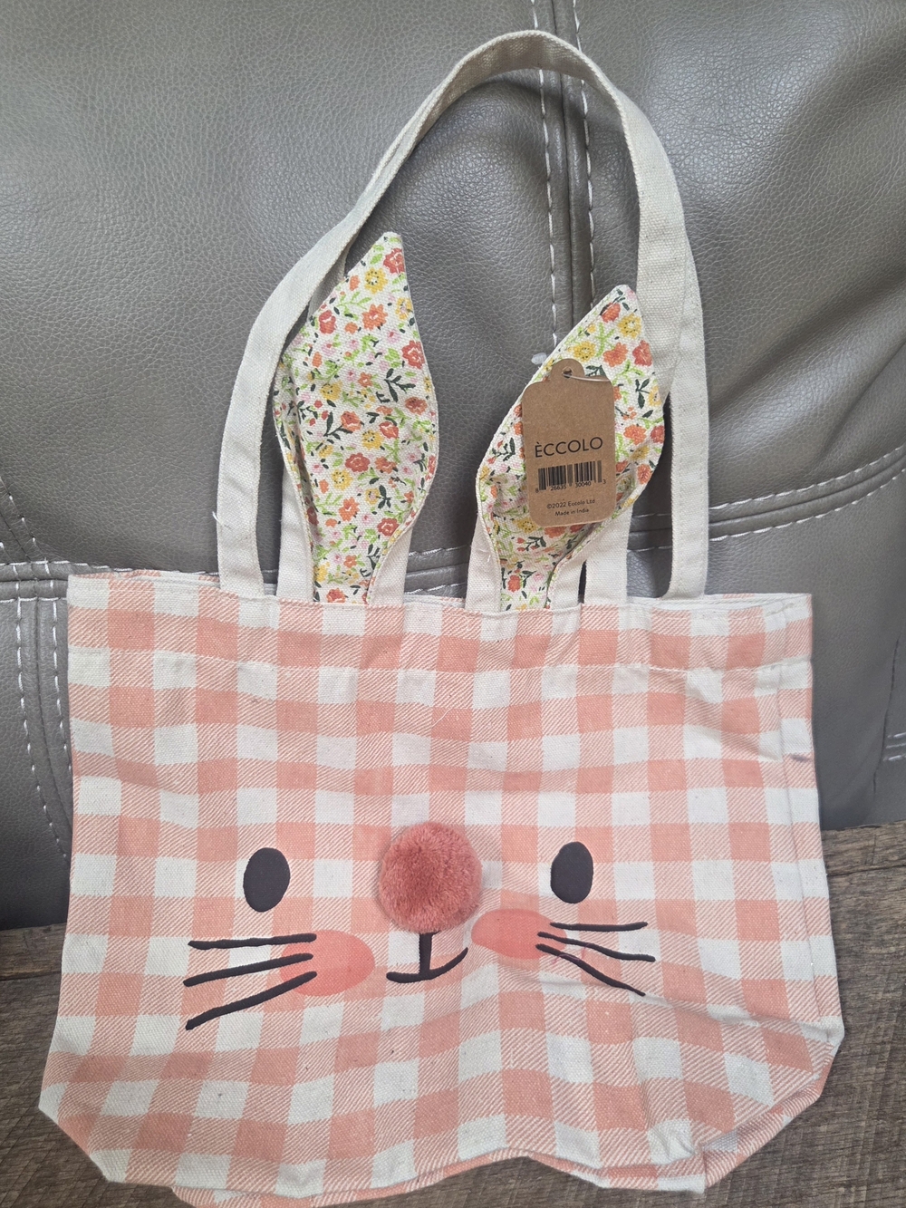 ECCOLO Kids Pink Gingham Bunny Tote Bag ~ Bin 1C